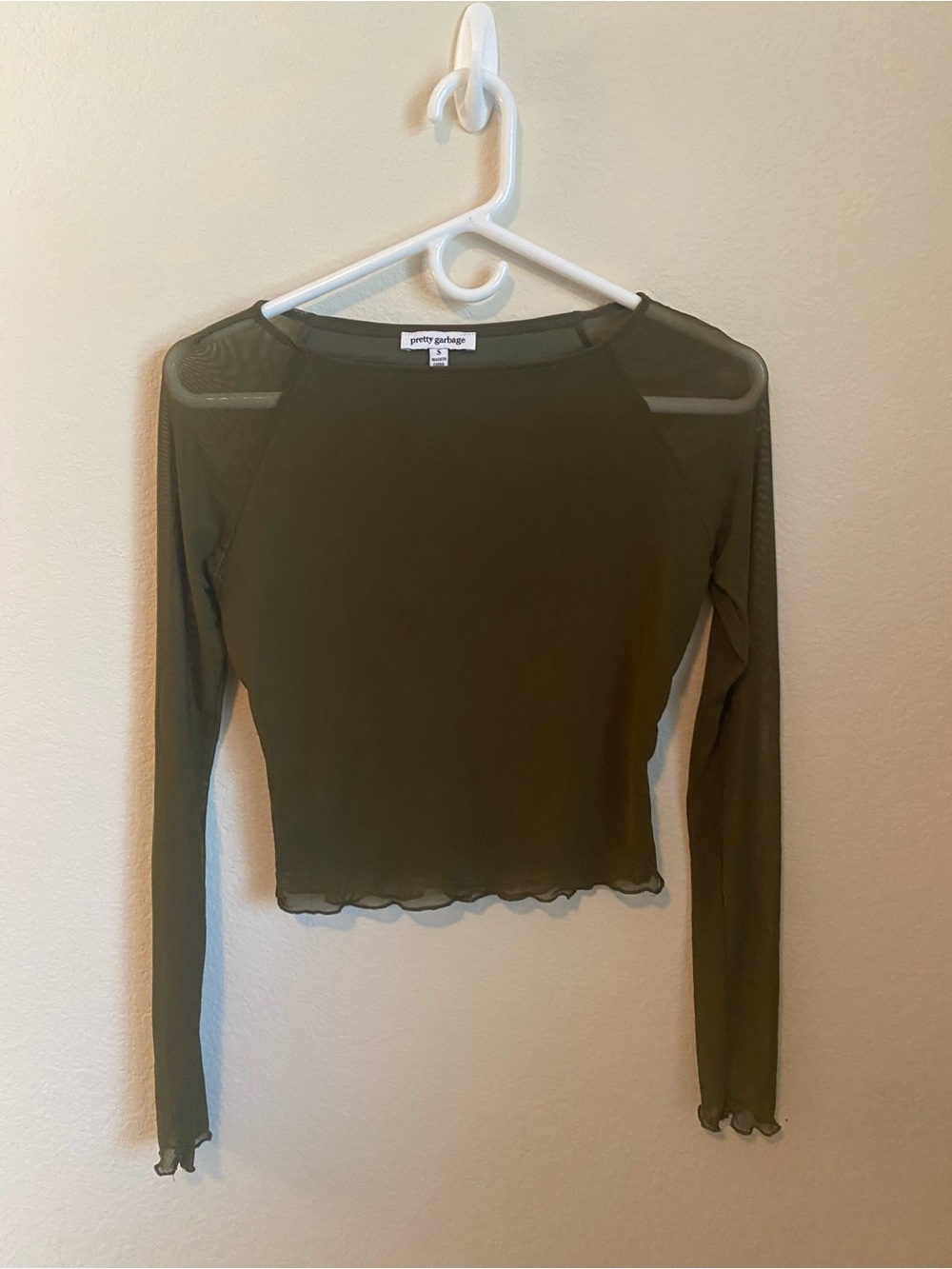 PrettyGarbage Olive Green Sheer Long Sleeve Crop Top